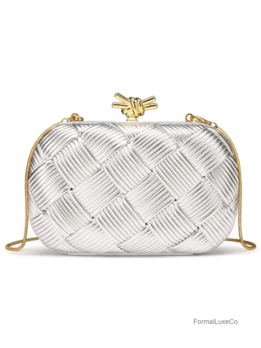 Woven Evening Clutch with Gold Tone Hardware and Chain